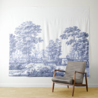 Blue Toile Vintage French Pastoral Bridge Boat