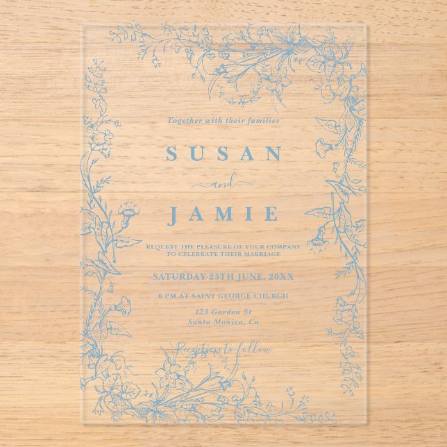 Blue Toile Wedding Acrylic invitation (Front)