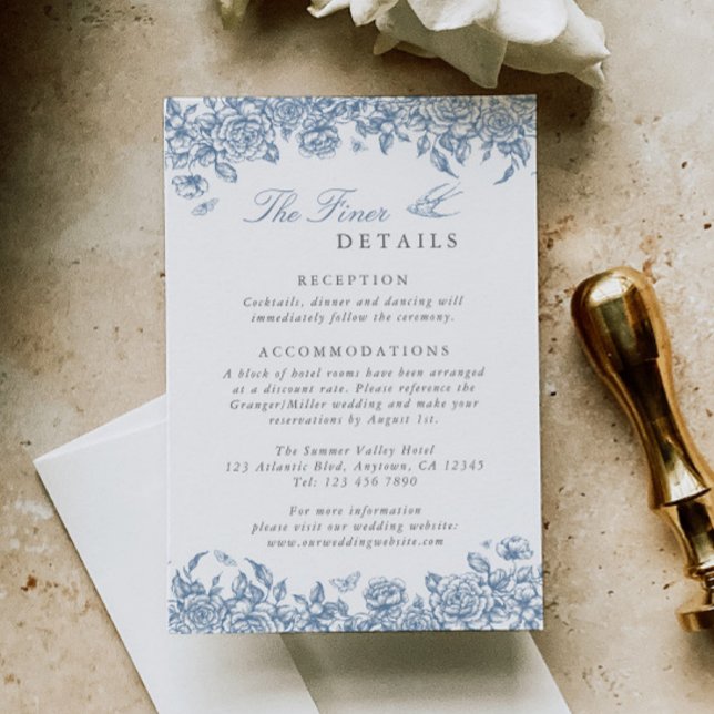 Blue Toile Wedding Details Enclosure Card Floral (Creator Uploaded)