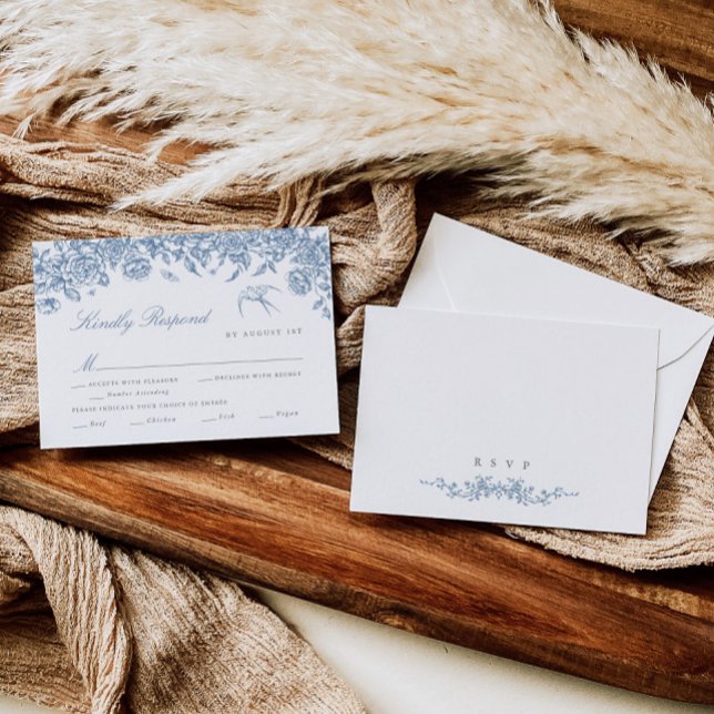 Blue Toile Wedding RSVP Card with Meal Choices  (Creator Uploaded)