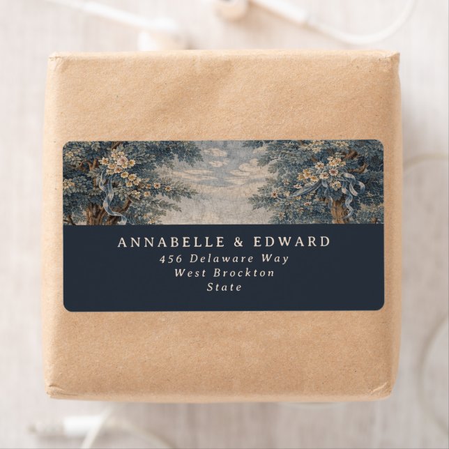 Blue Toile Wedding Vintage Tapestry elegant Label (Insitu)