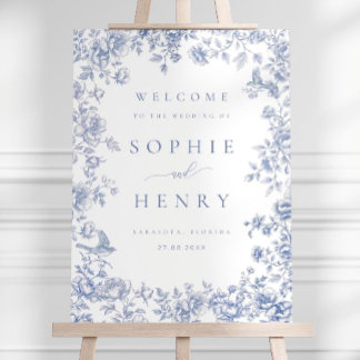 Blue Toile Wedding Welcome Sign Floral Chinoiserie