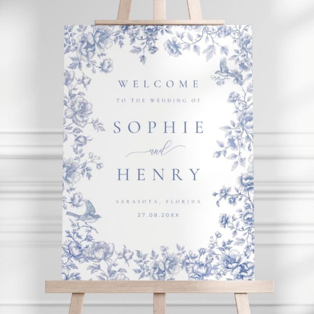 Blue Toile Wedding Welcome Sign Floral Chinoiserie (Creator Uploaded)