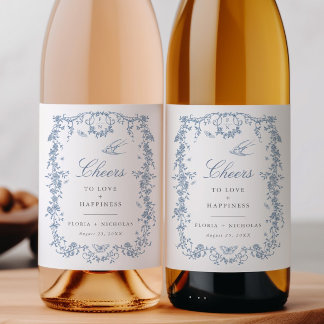 Blue Toile Wedding Wine Bottle Label Chinoiserie