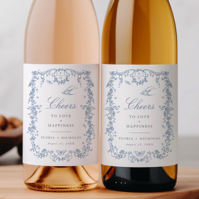 Blue Toile Wedding Wine Bottle Label Chinoiserie (Creator Uploaded)