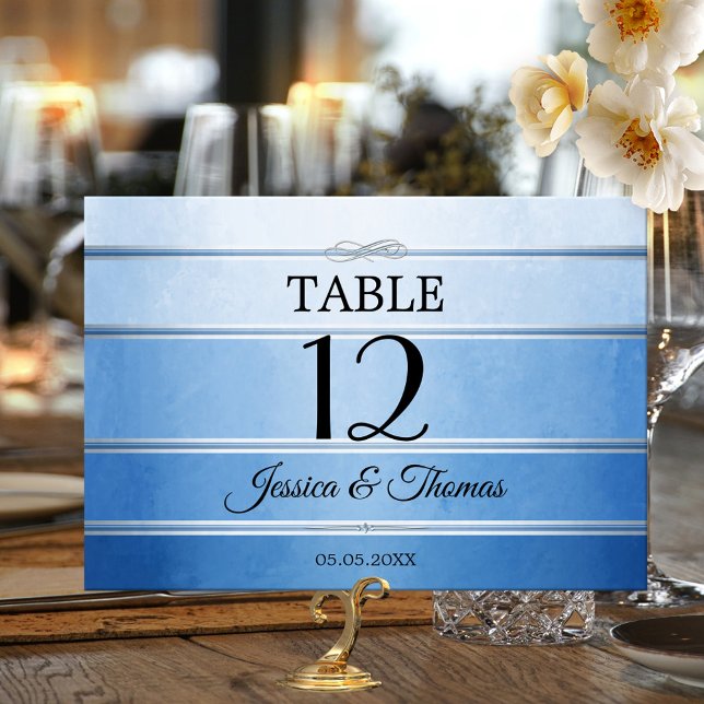 Blue Ton sur Ton Striped Table Number Card (Elegant table number card featuring a painted blue ton sur ton striped design with a silver lining)