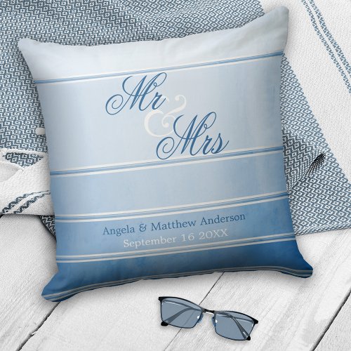 Blue Ton sur Ton Striped Wedding or Anniversary Throw Pillow