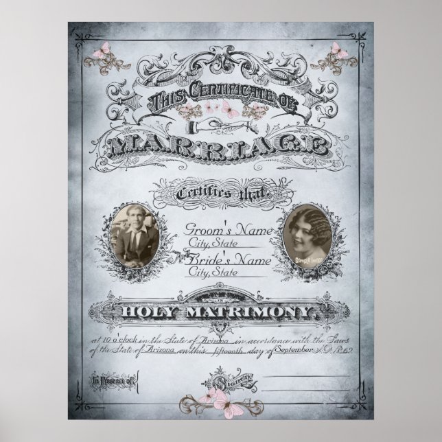 Blue Tone Butterfly Vintage Marriage Certificate Poster (Front)