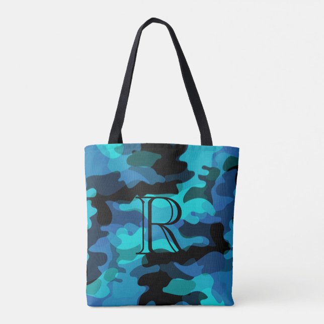 Blue Tone Camouflage Pattern with Monogram Tote Bag (Back)