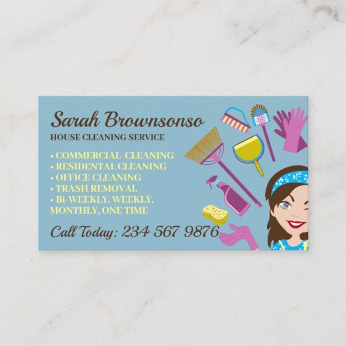Blue Tone Janitorial Lady Cartoon House Cleaning Business Card