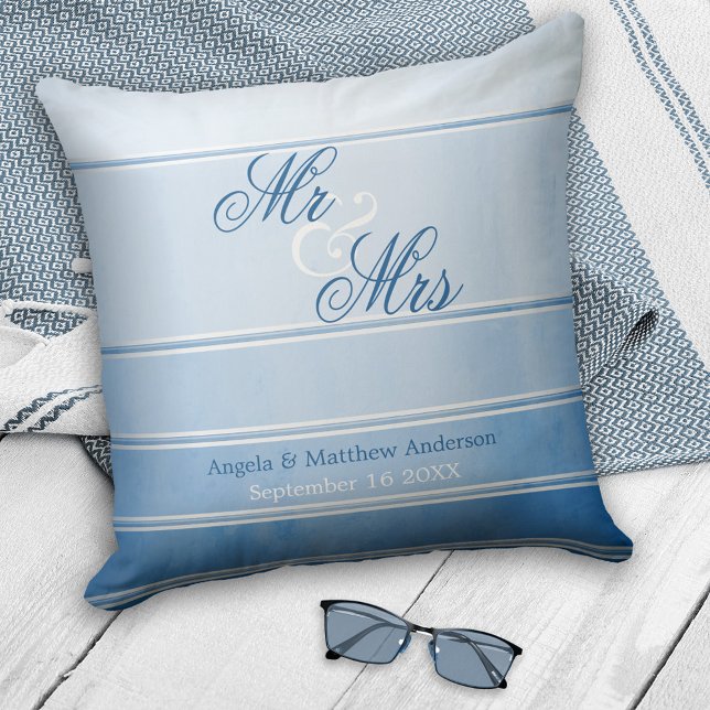 Blue Tone on Tone Striped Wedding or Anniversary Throw Pillow (Creator Uploaded)