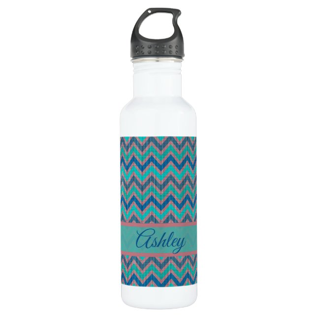 Blue Tones Chevron Stainless Steel Water Bottle (Front)