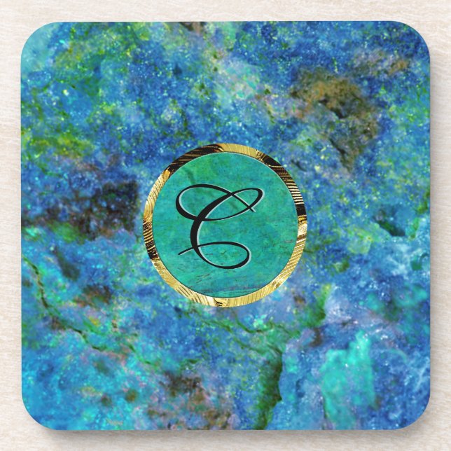 Blue Tones Marble Stone Gold Accents WMonogramed Beverage Coaster (Front)