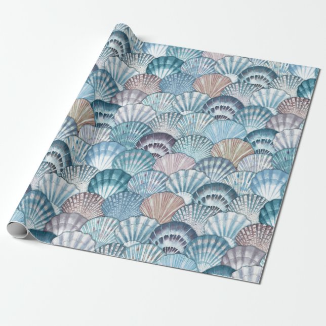 Blue Tones Sea Shell Pattern Wrapping Paper (Unrolled)