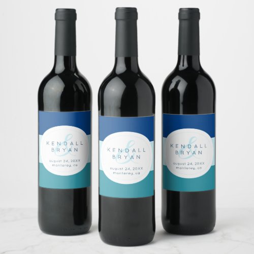 Blue Tones Striped Wedding Monogram Wine Label