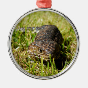 Blue Tongue Lizard Creeping In The Grass, Metal Ornament