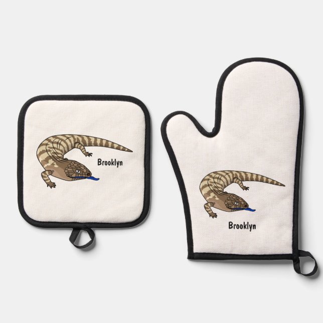 Blue tongue lizard reptile cartoon oven mitt & pot holder set (Front)