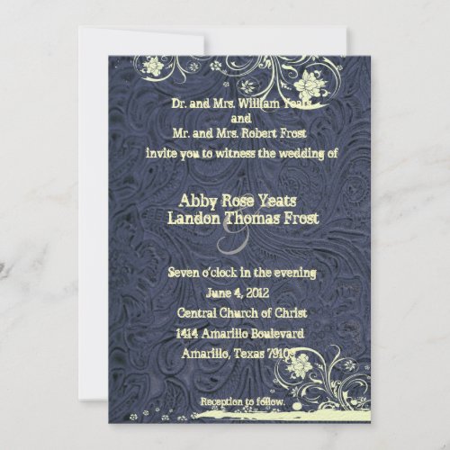 Blue Tooled Leather and Cream Lace Wedding Invitation