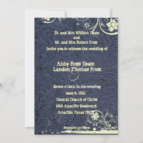 Blue Tooled Leather and Lace Wedding Invitation