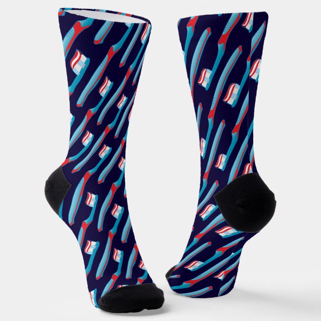 Blue Toothbrush Stripes Dentist Dental Surgeon Socks (Angled)