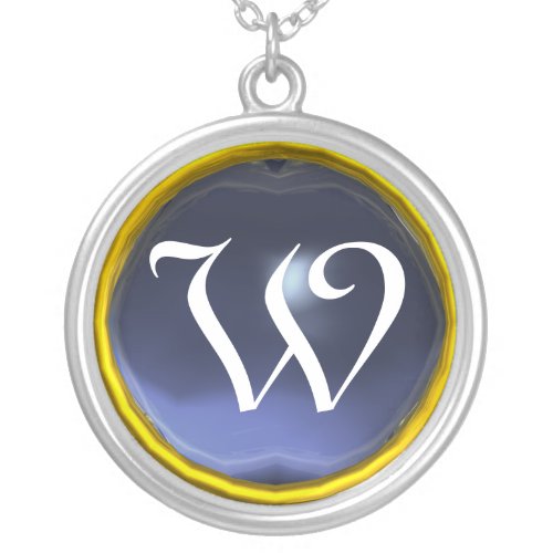 Blue Topaz Gem  Monogram Silver Plated Necklace