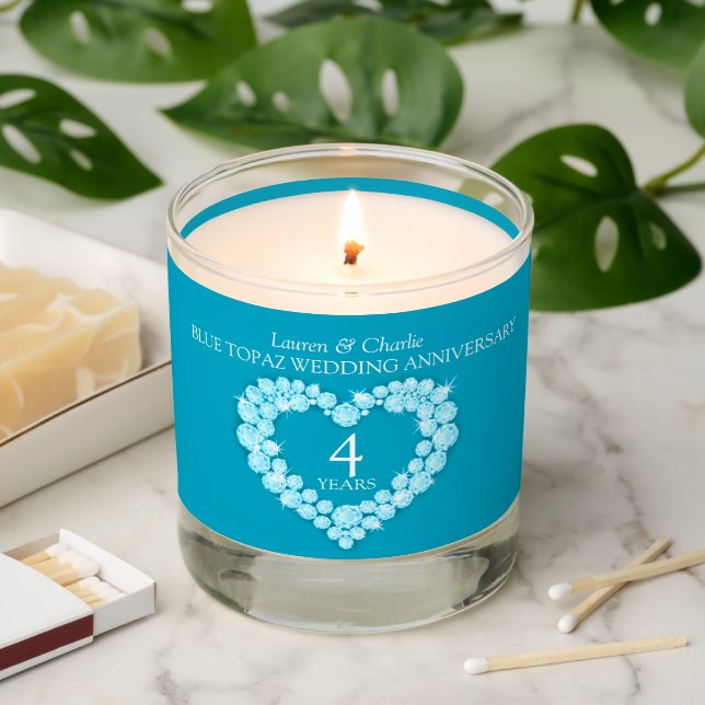 Blue topaz heart 4th wedding anniversary custom  scented candle (Lit)