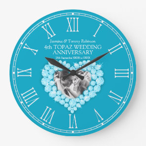 Blue topaz photo heart 4th wedding anniversary large clock