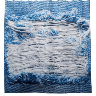 Blue torn denim jeans texture with space for text shower curtain