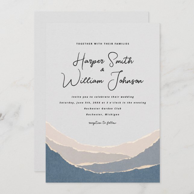 blue torn paper mountains wedding invitation (Front/Back)