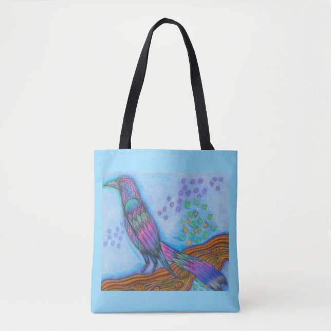 Blue Tote Bag With Rainbow Great Tailed Grackle  (Front)