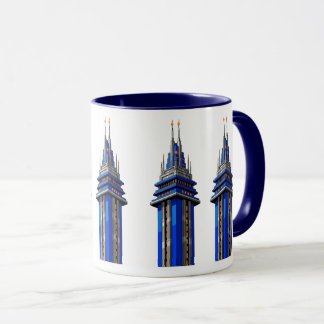 Blue Tower of Tomorrow: Sci-Fi Art Deco Sticker Mug