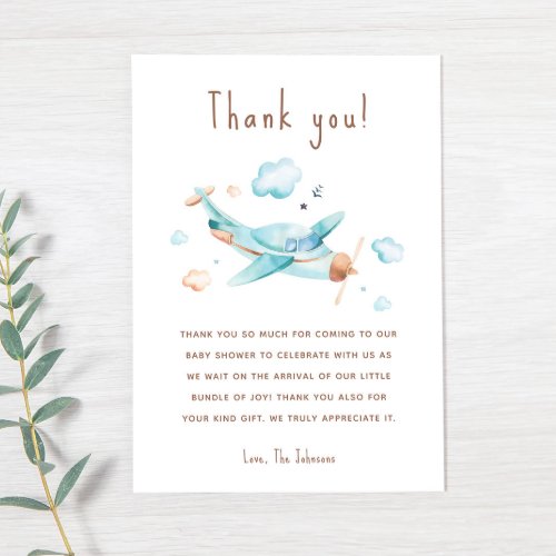 Blue Toy Airplane Boy Baby Shower Thank You Card