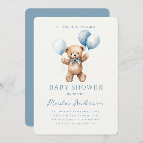 Blue Toy Bear Baby Boy Baby Shower Invitation