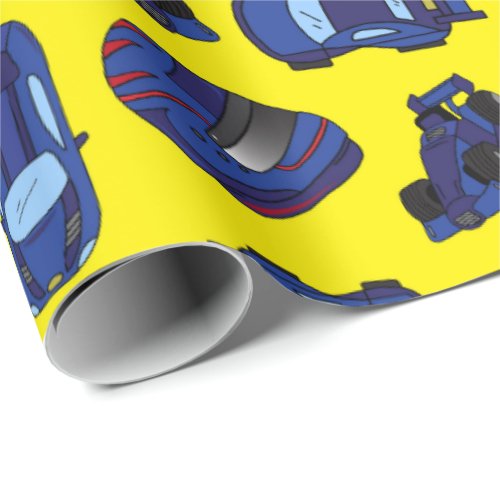 Blue Toy Racing Cars and Crash Helmets Motorsport Wrapping Paper
