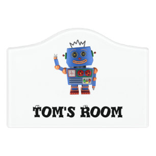 Blue toy robot waving hello door sign