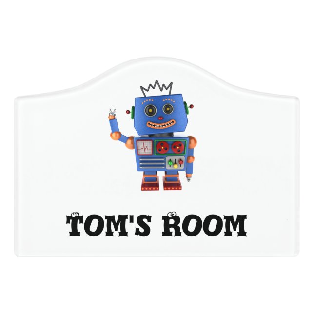Blue toy robot waving hello door sign (Small Crest Front)