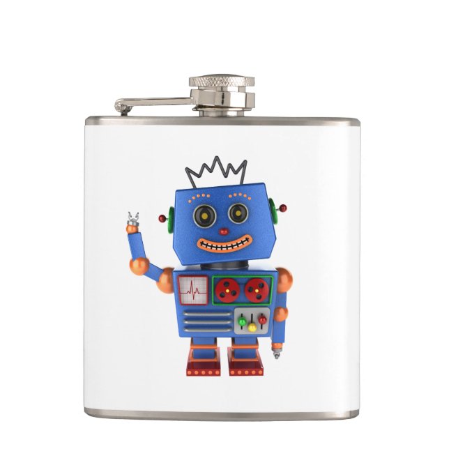 Blue toy robot waving hello hip flask (Front)