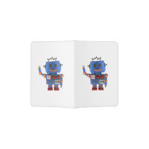 Blue toy robot waving hello passport holder