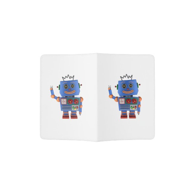 Blue toy robot waving hello passport holder (Opened)