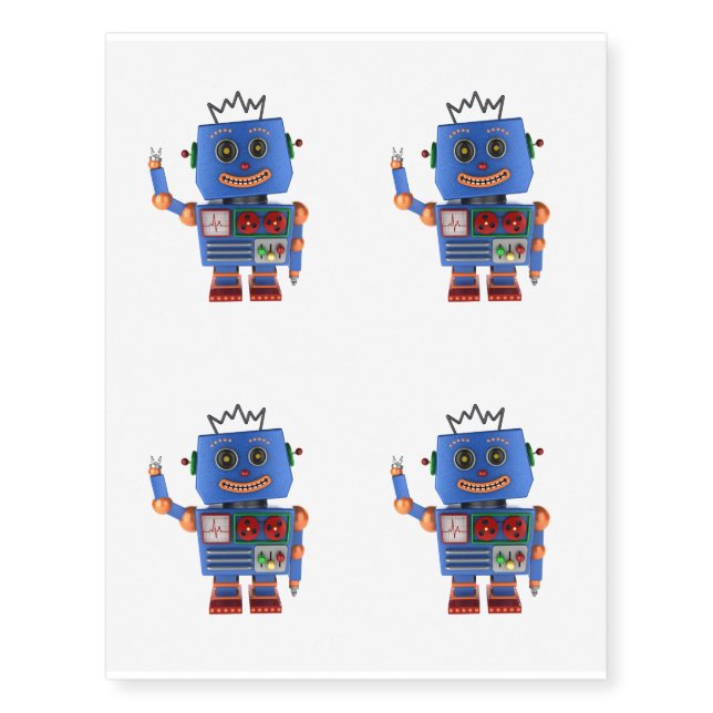 Blue toy robot waving hello temporary tattoos (Front)
