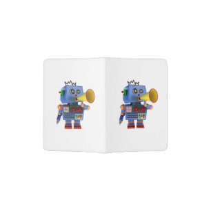 Blue toy robot with bullhorn passport holder