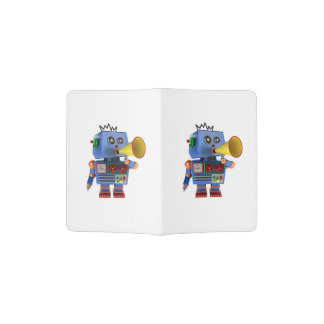 Blue toy robot with bullhorn passport holder