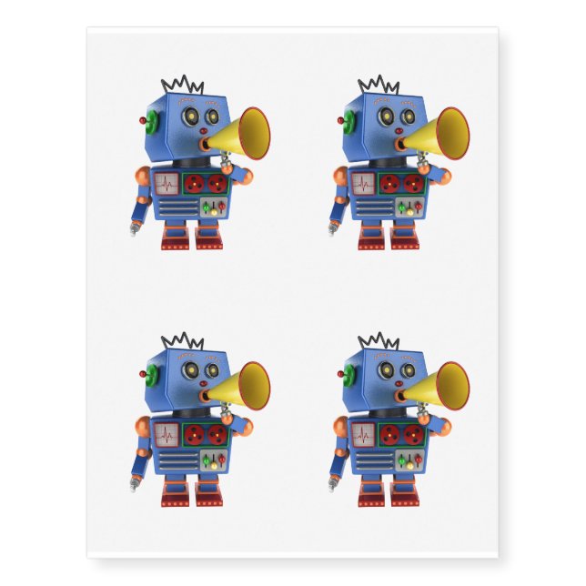 Blue toy robot with bullhorn temporary tattoos (Front)