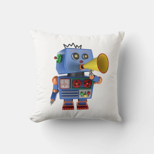 Blue toy robot with bullhorn throw pillow (Front)