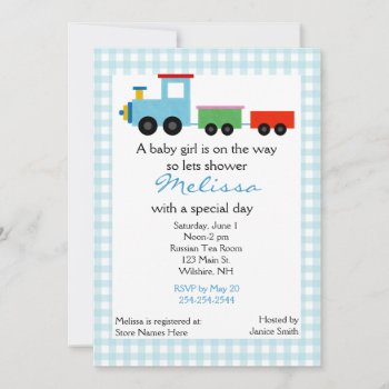 Blue Toy Train Baby Shower Invitation by Lilleaf at Zazzle