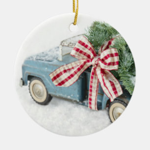 Blue Toy Truck Carrying A Christmas Tree Ceramic Ornament