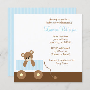 Blue Toy Wagon Bear Baby Shower Invitation