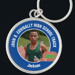Blue Track & Field Photo High School Athlete Keychain<br><div class="desc">This cool customized high school track team athlete photo gift features white typography of your team on a blue keychain with a running track. Personalize with your student's photograph and class year as a proud runner parent.</div>