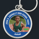 Blue Track & Field Photo High School Athlete Keychain<br><div class="desc">This cool customized high school track team athlete photo gift features white typography of your team on a blue keychain with a running track. Personalize with your student's photograph and class year as a proud runner parent.</div>