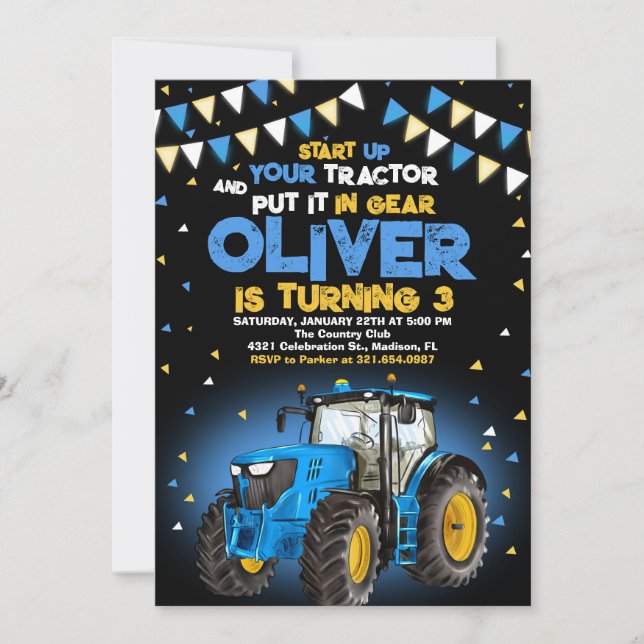 Blue Tractor 3rd Birthday Party Invitation (Front)